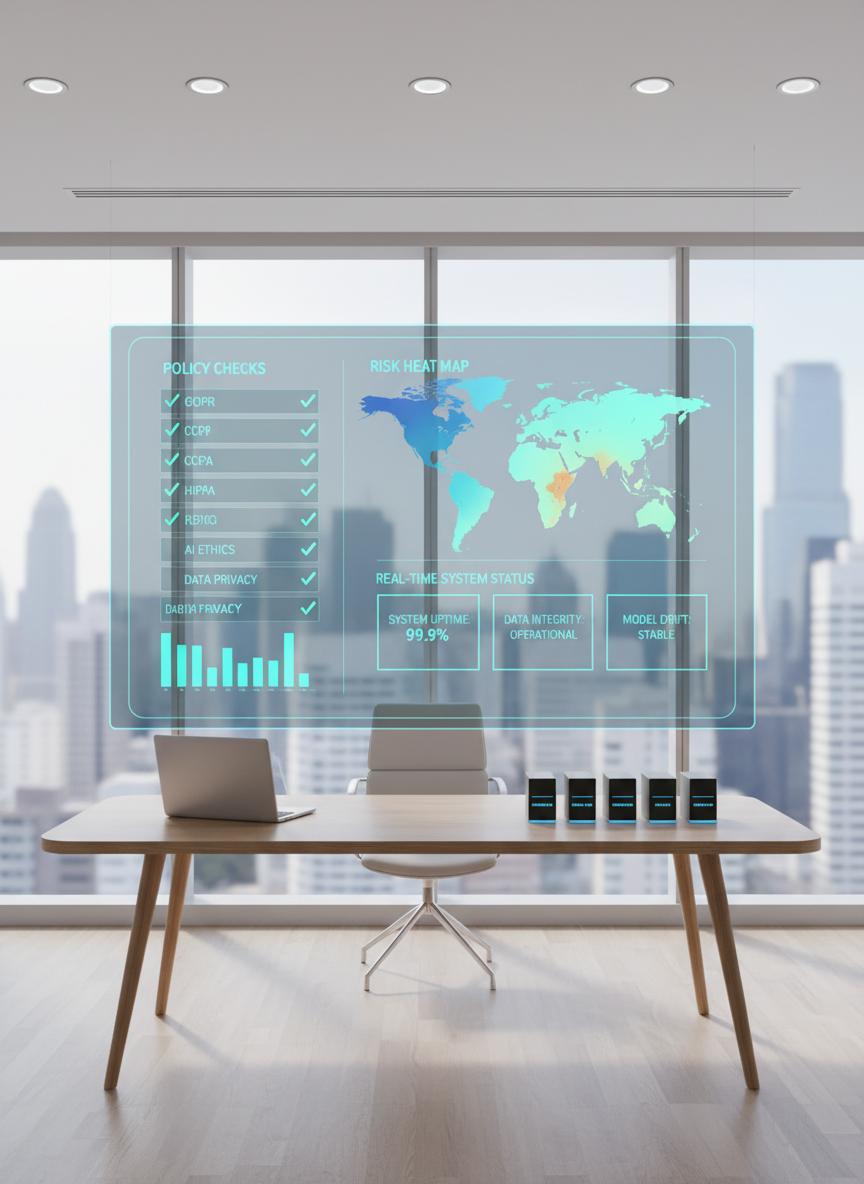 A large, ultra-modern transparent dashboard screen suspended above a minimalist white desk, displaying complex AI compliance analytics: policy checkmarks, risk heat maps, and real-time system status tiles in calm blues and teals. Below it, a slim, closed laptop and an organized row of labeled storage drives rest on a light oak surface. The room is a bright, glass-walled office overlooking a soft-focus city skyline. Natural daylight pours in from the left, augmented by subtle recessed ceiling lighting, creating balanced, shadow-free illumination. The atmosphere is calm, analytical, and executive-ready. Shot from a slightly elevated angle with a clean, centered composition and shallow depth of field, in a crisp photographic realism style that conveys clarity, transparency, and control for AI governance.