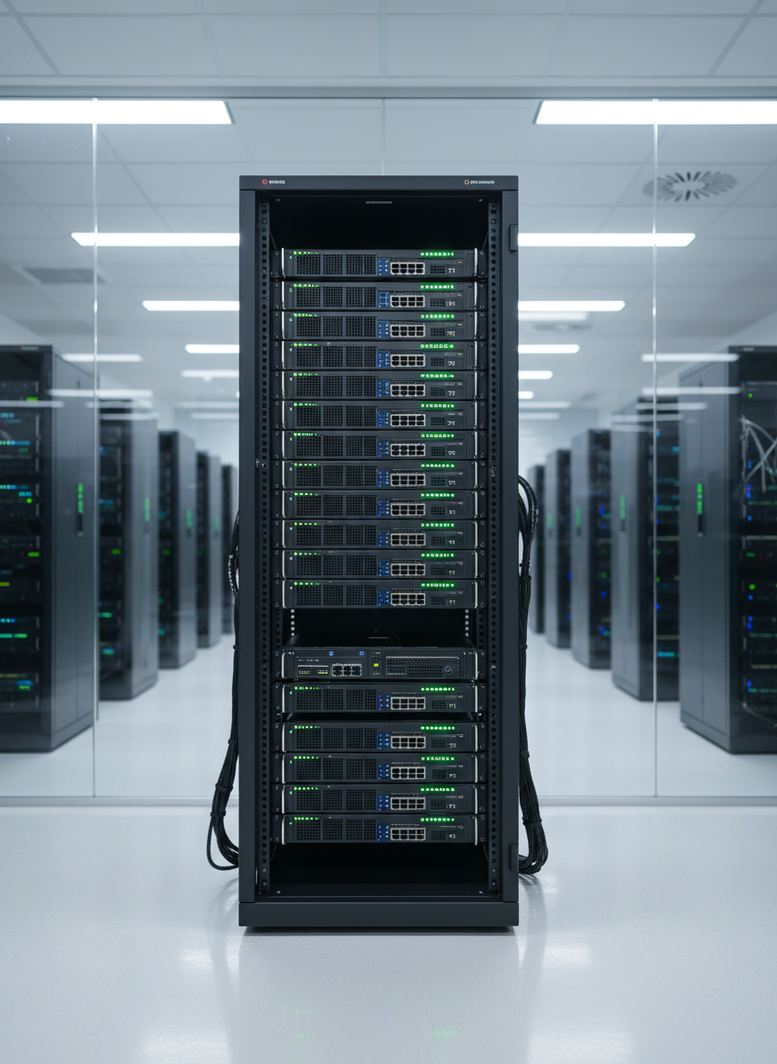 A sleek, dark graphite server rack filled with neatly arranged, softly glowing network equipment, each indicator light forming organized patterns of green and blue. The rack stands in a pristine, glass-walled data center with reflective white floors and tidy cable management channels. Cool, diffused overhead LED lighting creates subtle reflections on metallic surfaces and casts crisp, orderly shadows. The mood is precise, professional, and highly controlled, evoking trust in secure AI compliance infrastructure. Captured at eye level with a slightly wide angle, the foreground equipment in sharp focus and the background racks gently blurred, emphasizing depth. The photographic realism and clean, modern aesthetic highlight enterprise-grade reliability and structured governance for AI systems.
